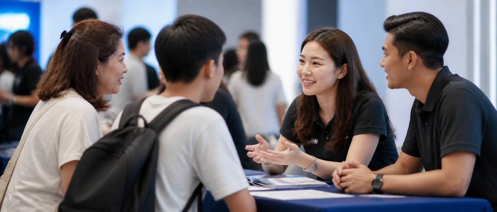 Students and parents speaking with Monash University representatives at the Monash University Australia Open Day in Kuala Lumpur